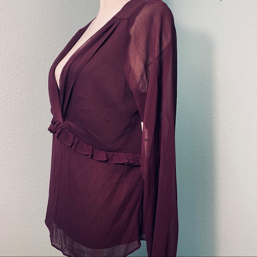 Q & A faux wrap peplum poet shirt, plum